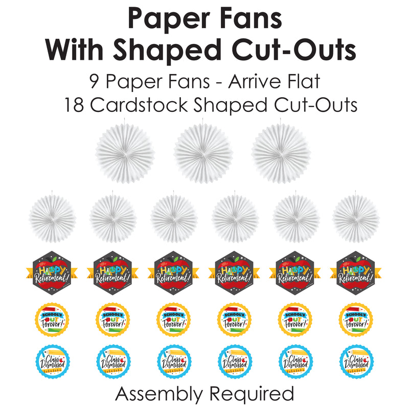 Teacher Retirement - Hanging Happy Retirement Party Tissue Decoration Kit - Paper Fans - Set of 9