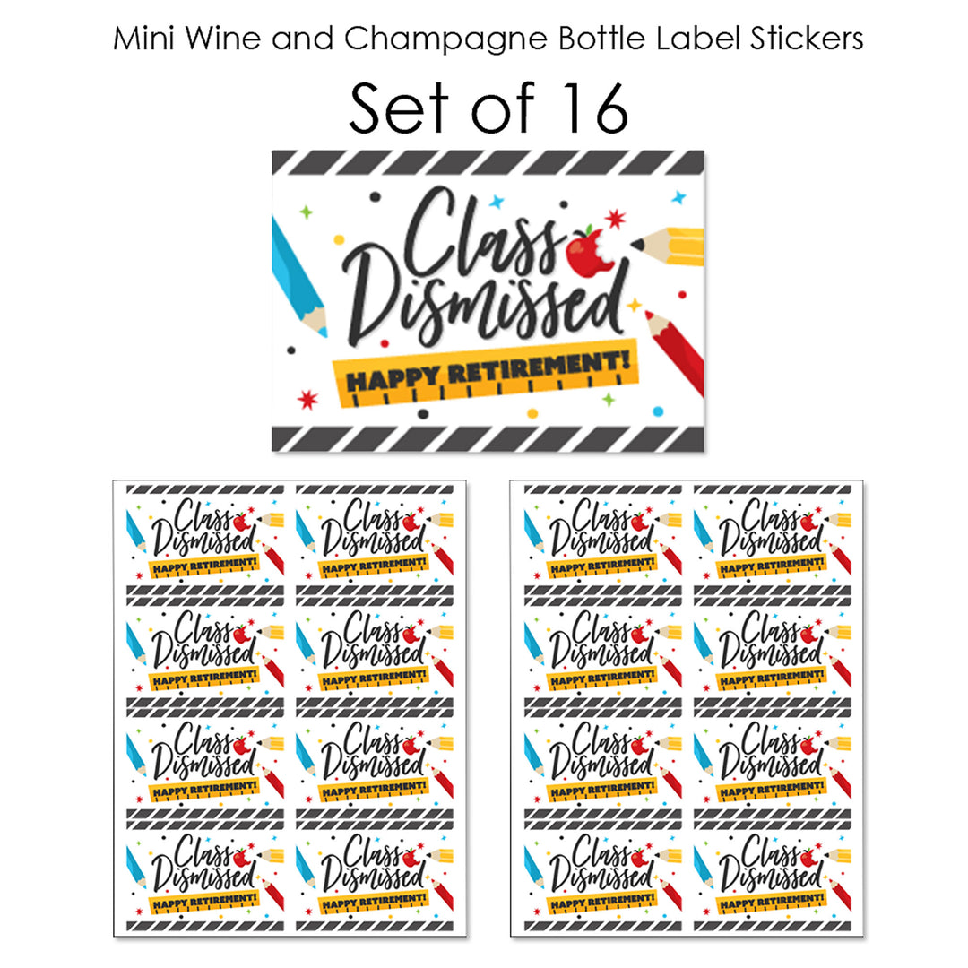 Teacher Retirement - Mini Wine and Champagne Bottle Label Stickers - Happy Retirement Party Favor Gift for Women and Men - Set of 16