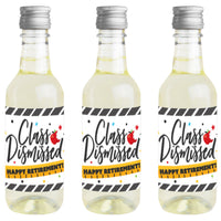 Three mini wine bottles with 'Class Dismissed' and 'Happy Retirement' labels attached to them.