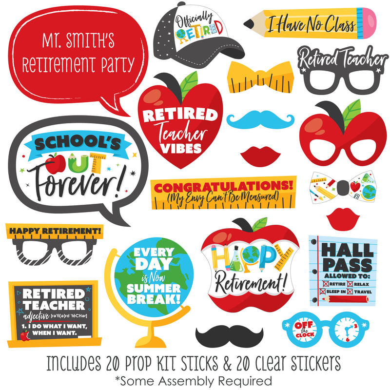 Teacher Retirement - Personalized Happy Retirement Party Photo Booth Props Kit - 20 Count