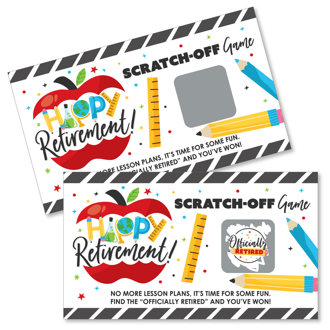 Two scratch-off game cards with a red apple and the text 'Happy Retirement!' displayed, along with various colorful educational icons like pencils and paper.