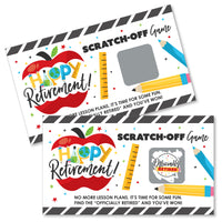 Two scratch-off game cards with a red apple and the text 'Happy Retirement!' displayed, along with various colorful educational icons like pencils and paper.