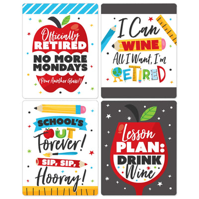 Teacher Retirement - Happy Retirement Party Decorations for Women and Men - Wine Bottle Label Stickers - Set of 4