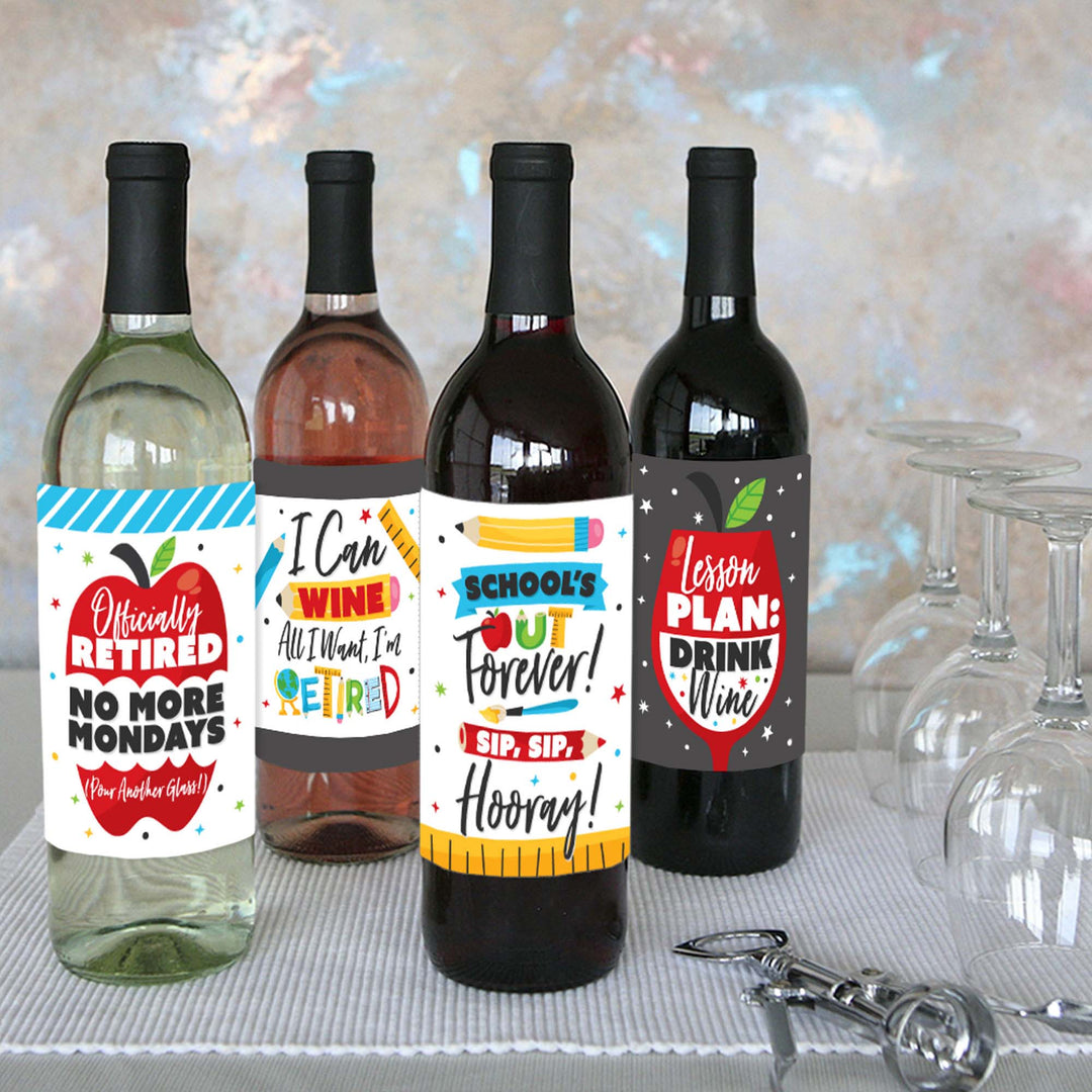 Teacher Retirement - Happy Retirement Party Decorations for Women and Men - Wine Bottle Label Stickers - Set of 4