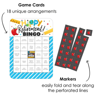 Teacher Retirement - Bingo Cards and Markers - Happy Retirement Party Shaped Bingo Game - Set of 18