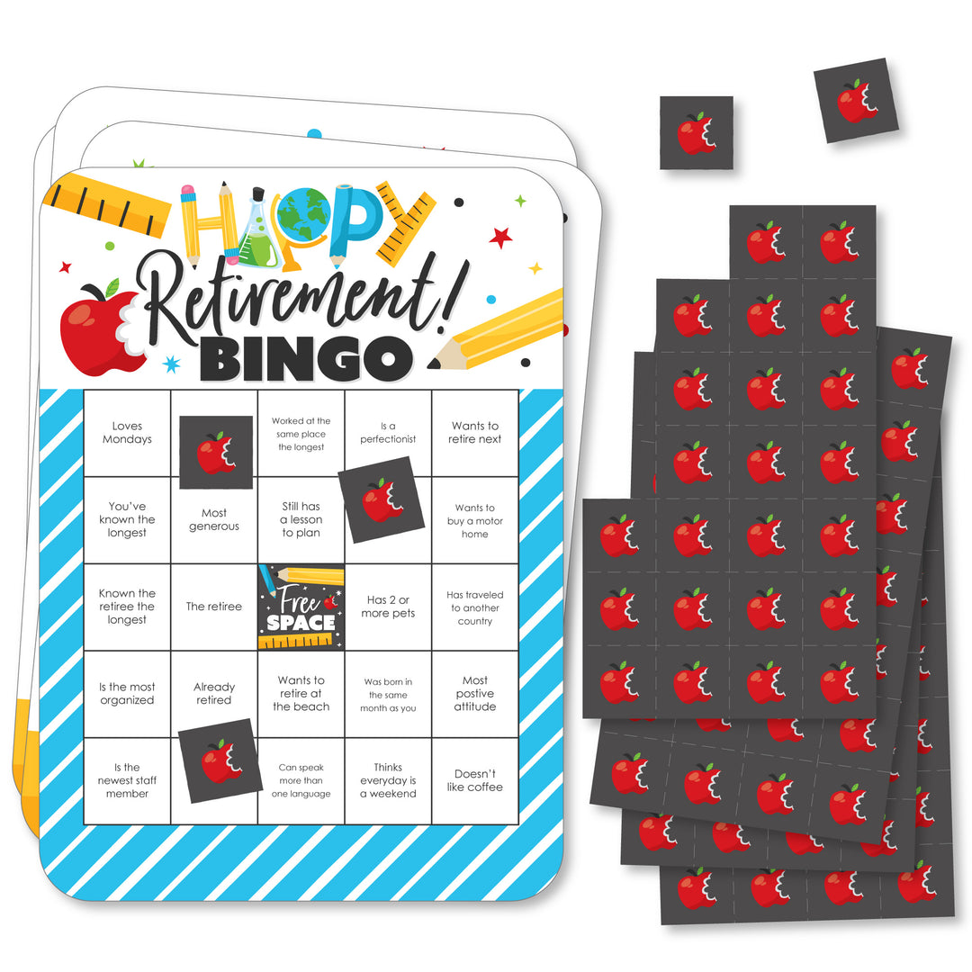 A set of 18 rectangle-shaped bingo cards with a teacher retirement theme, including images of apples, pencils, and paper, alongside perforated marker sheets with red apples on them.