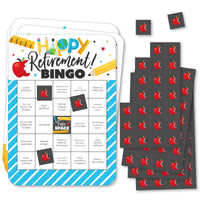 A set of 18 rectangle-shaped bingo cards with a teacher retirement theme, including images of apples, pencils, and paper, alongside perforated marker sheets with red apples on them.