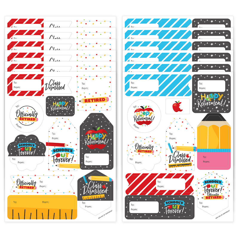 Teacher Retirement - Assorted Happy Retirement Party Gift Tag Labels - To and From Stickers - 12 Sheets - 120 Stickers