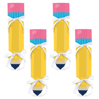 Four assembled DIY cracker boxes designed to look like pencils with yellow bodies and blue and pink accents, tied with white and blue ribbons.