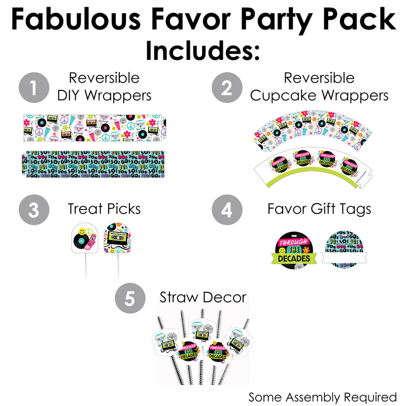 Through the Decades - 50s, 60s, 70s, 80s, and 90s Party Favors and Cupcake Kit - Fabulous Favor Party Pack - 100 Pieces