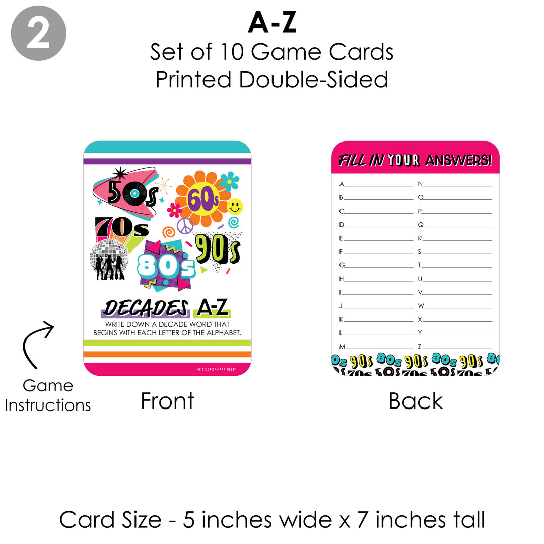 Through the Decades - 4 50s, 60s, 70s, 80s, and 90s Party Games - 10 Cards Each - Gamerific Bundle