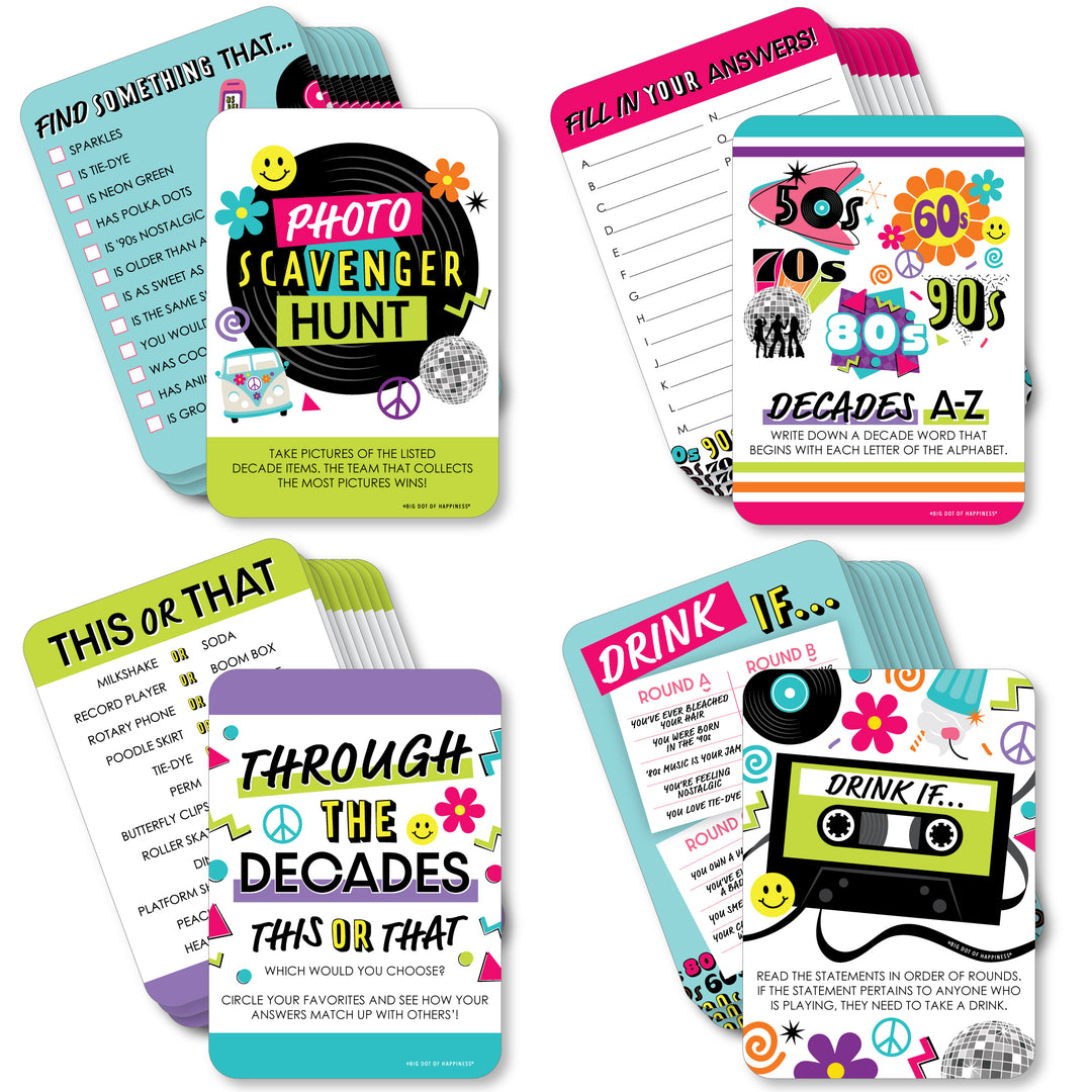 A collection of colorful party game cards designed for decades-themed celebrations, featuring various game names like 'This or That', 'Photo Scavenger Hunt', and 'Drink If'. Each card has vibrant, thematic designs and instructions for gameplay.