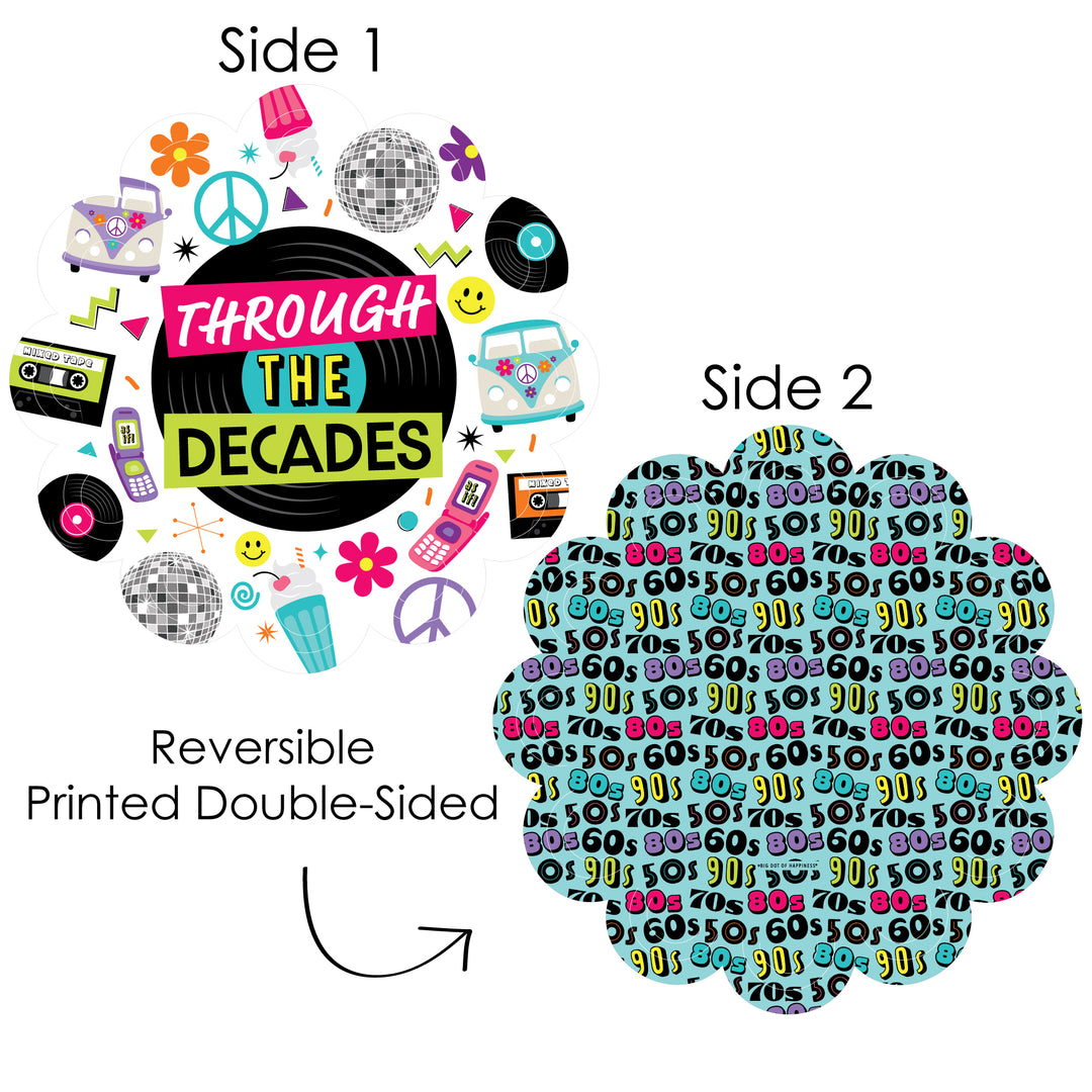 Through the Decades - 50s, 60s, 70s, 80s, and 90s Party Round Table Decorations - Paper Chargers - Place Setting For 12