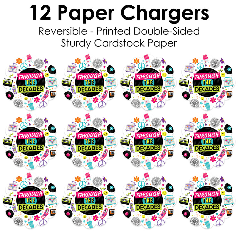 Through the Decades - 50s, 60s, 70s, 80s, and 90s Party Round Table Decorations - Paper Chargers - Place Setting For 12