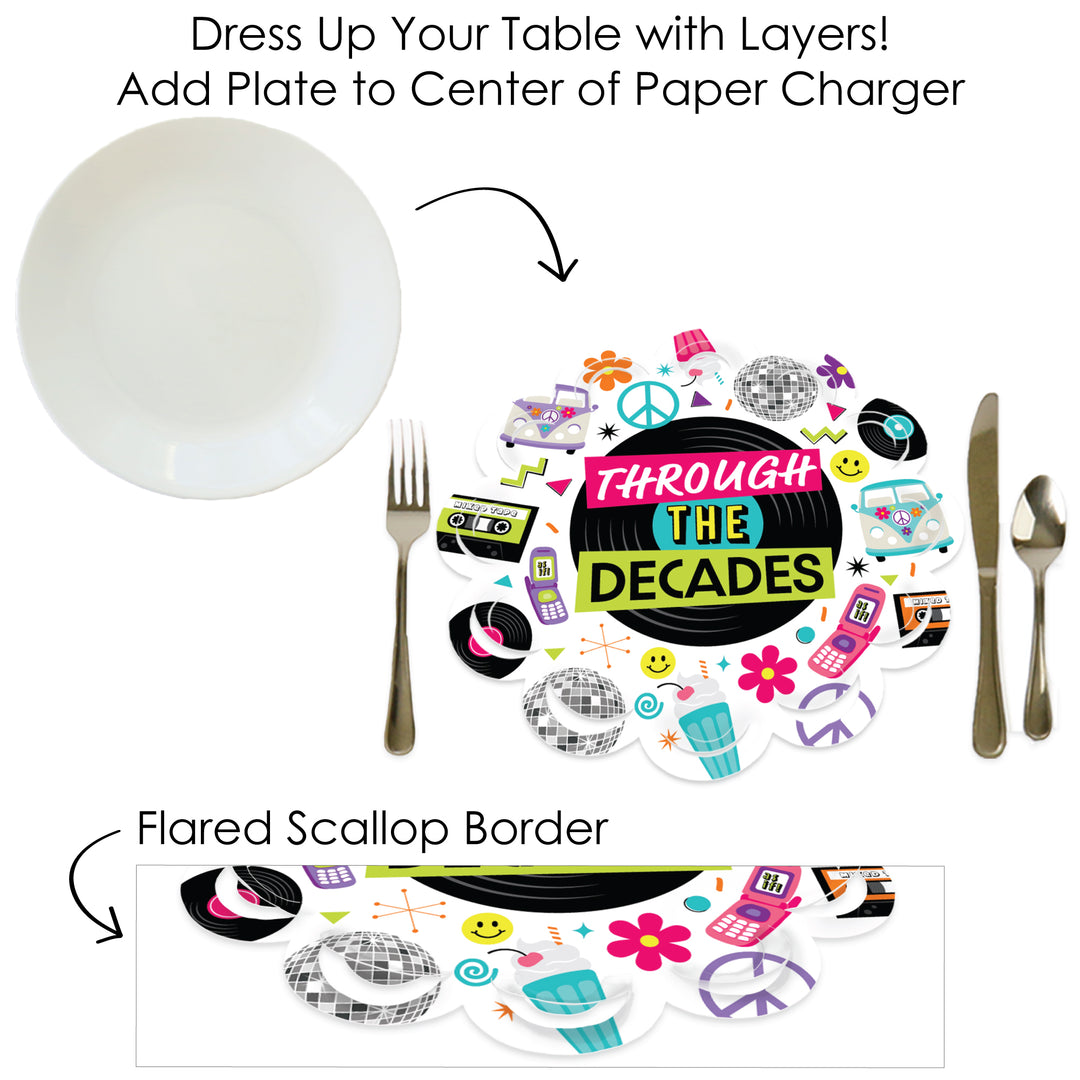 Through the Decades - 50s, 60s, 70s, 80s, and 90s Party Round Table Decorations - Paper Chargers - Place Setting For 12