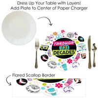 Through the Decades - 50s, 60s, 70s, 80s, and 90s Party Round Table Decorations - Paper Chargers - Place Setting For 12