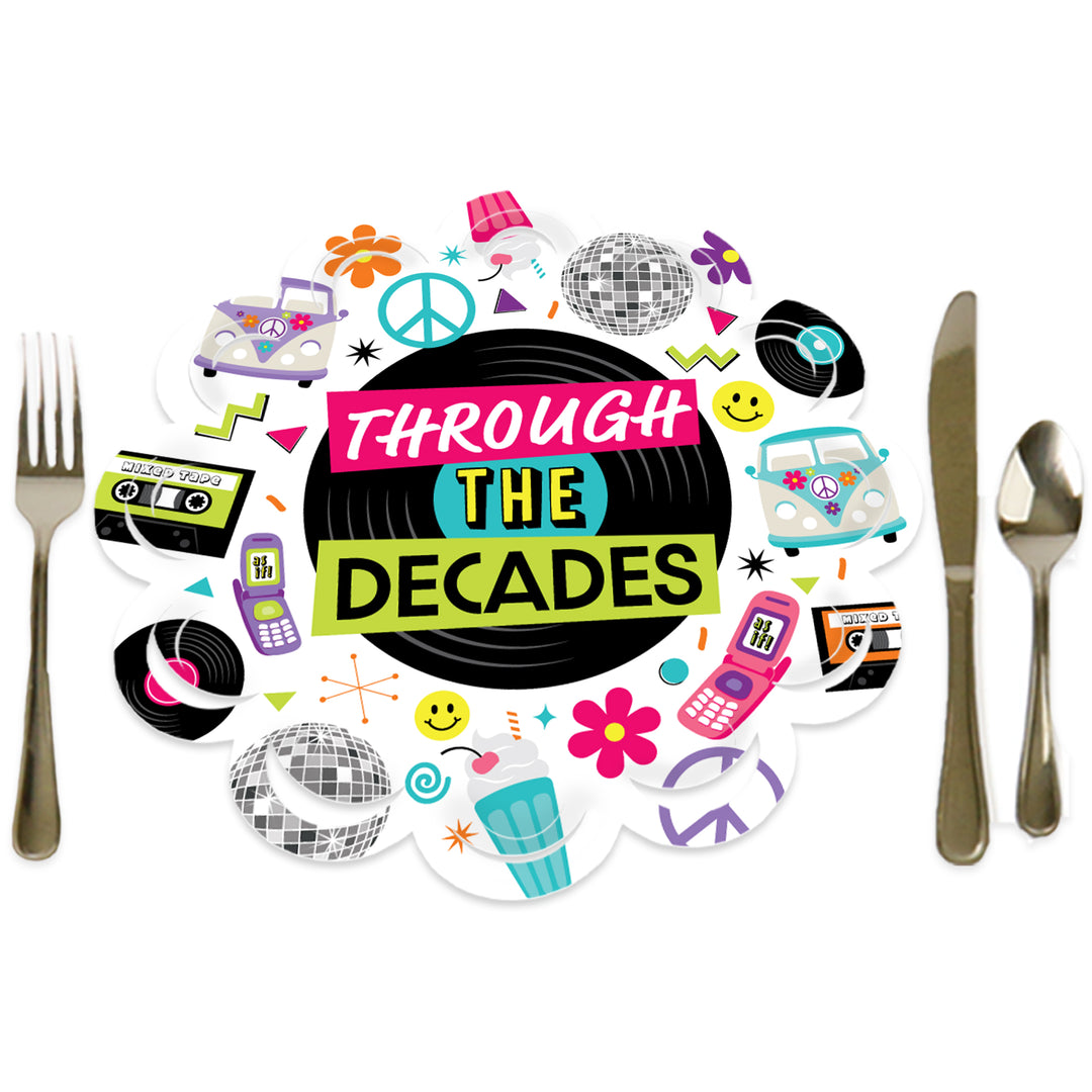 A colorful paper charger with 'Through the Decades' text, featuring iconic symbols and items from different decades, displayed on a white background with a fork and knife for scale.
