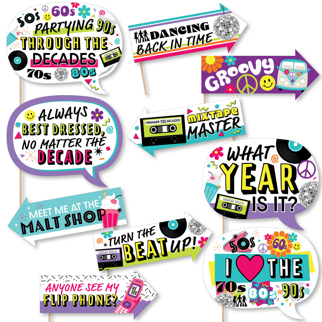 Funny Through the Decades - 50s, 60s, 70s, 80s, and 90s Party Photo Booth Props Kit - 10 Piece
