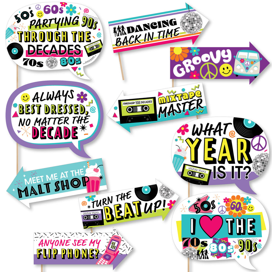 Funny Through the Decades - 50s, 60s, 70s, 80s, and 90s Party Photo Booth Props Kit - 10 Piece