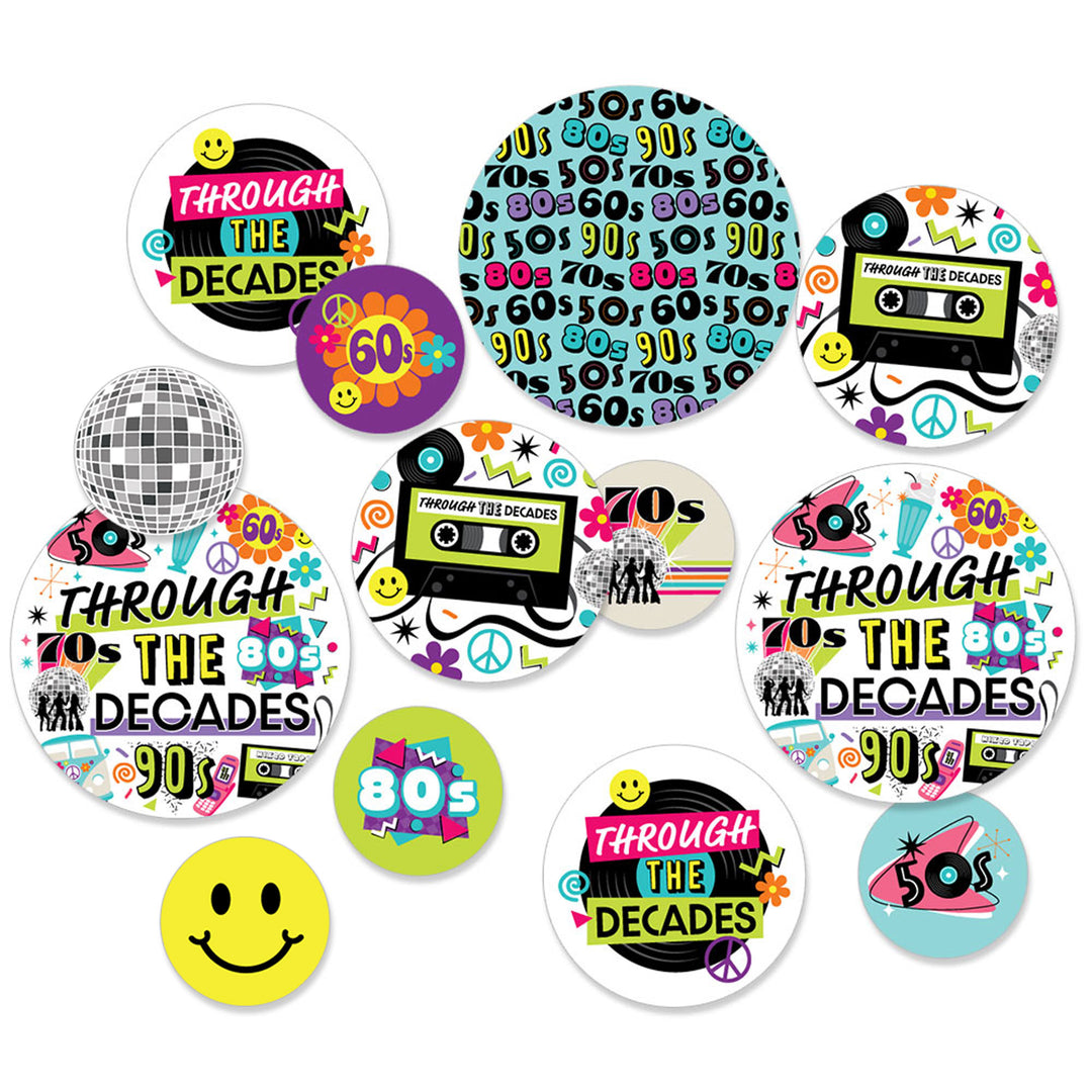 A set of round party confetti with various designs including text that reads 'Through the Decades' and symbols representing different decades such as cassette tapes and smiley faces.