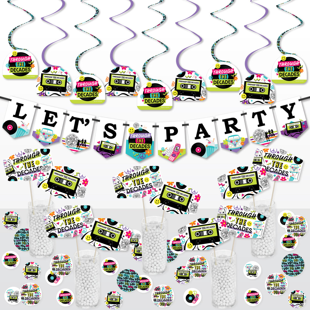 A set of party supplies decorations featuring text and elements indicative of different decades, including swirl banners, table toppers, and confetti.