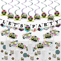 A set of party supplies decorations featuring text and elements indicative of different decades, including swirl banners, table toppers, and confetti.