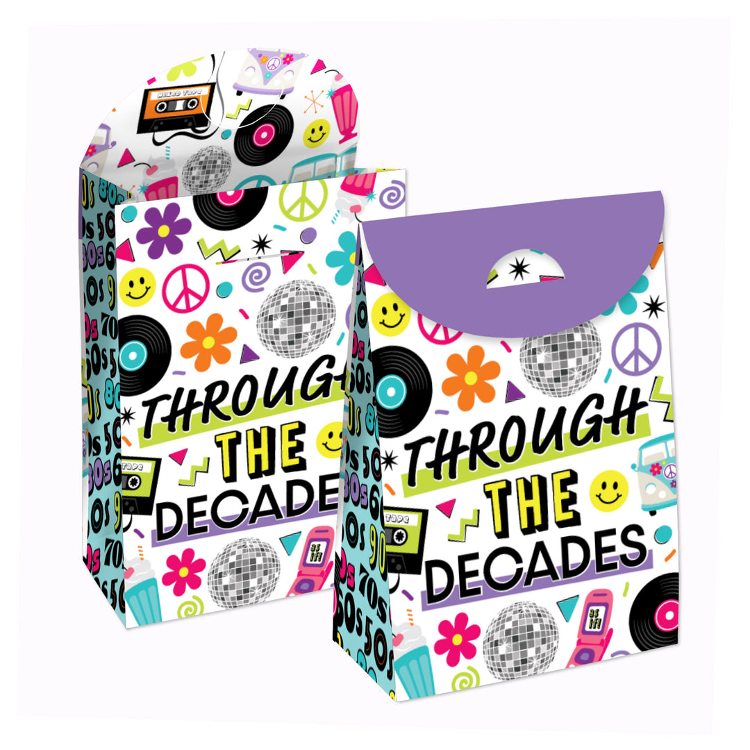 A set of Through the Decades themed gift favor bags with colorful patterns representing different decades.