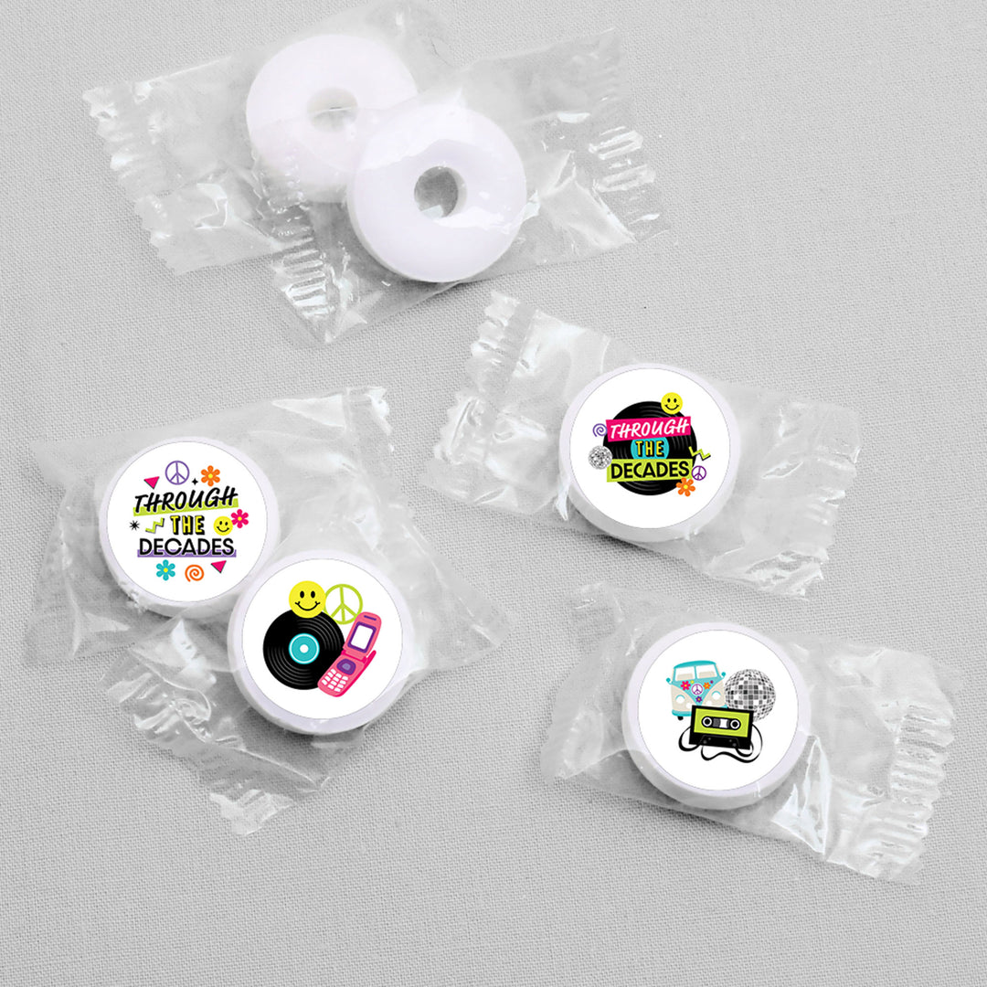 Through the Decades - 50s, 60s, 70s, 80s, and 90s Party Round Candy Sticker Favors - Labels Fit Chocolate Candy (1 sheet of 108)