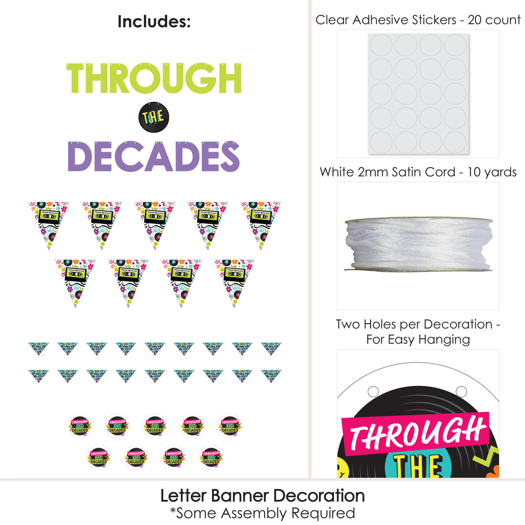 Through the Decades - 50s, 60s, 70s, 80s, and 90s Party Letter Banner Decoration - 36 Banner Cutouts and Through the Decades Banner Letters