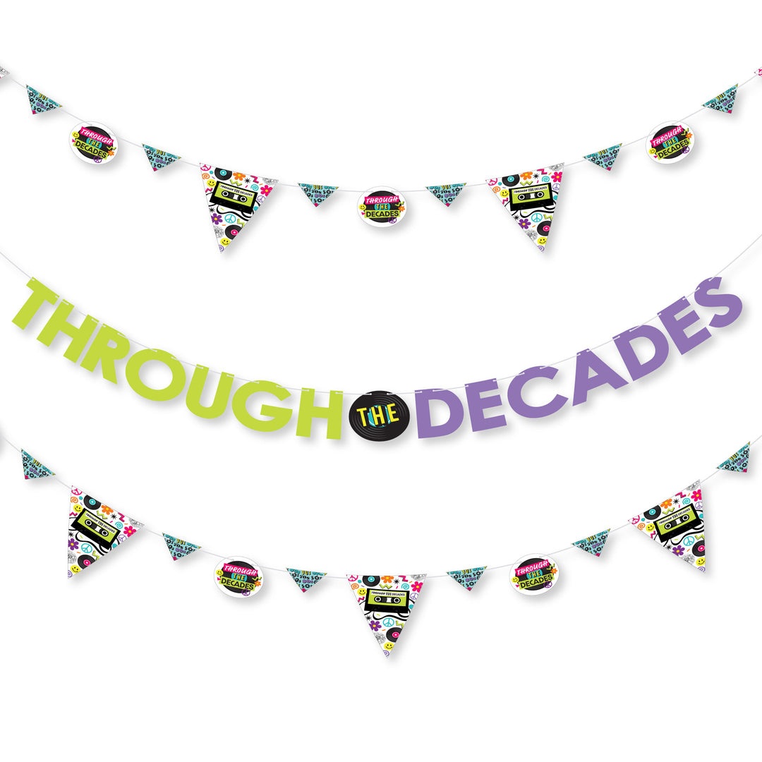 A party banner with the phrase 'THROUGH THE DECADES' in bold letters, accompanied by various shaped pennants in multiple colors and with decorative elements representing different decades.