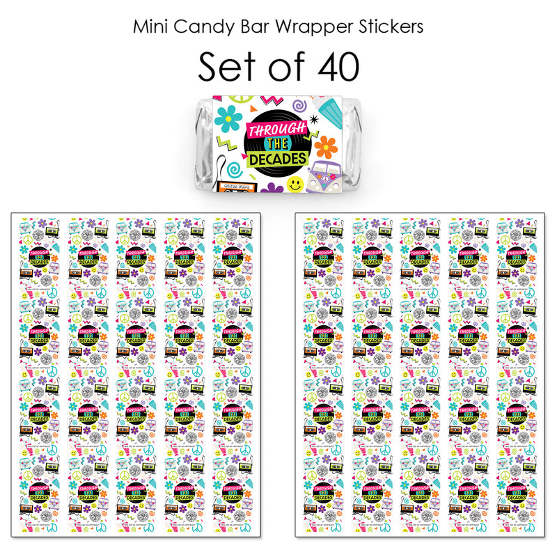 Through the Decades - Mini Candy Bar Wrapper Stickers - 50s, 60s, 70s, 80s, and 90s Party Small Favors - 40 Count