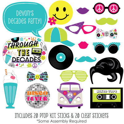 Through the Decades - Personalized 50s, 60s, 70s, 80s, and 90s Party Photo Booth Props Kit - 20 Count
