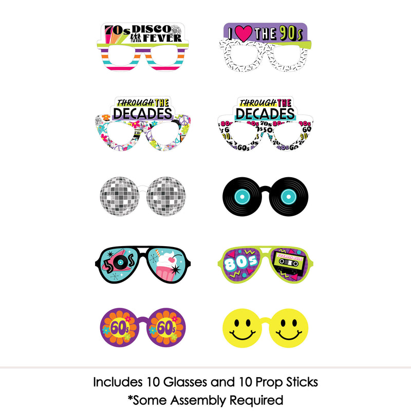 Through the Decades Glasses - Paper Card Stock 50s, 60s, 70s, 80s, and 90s Party Photo Booth Props Kit - 10 Count