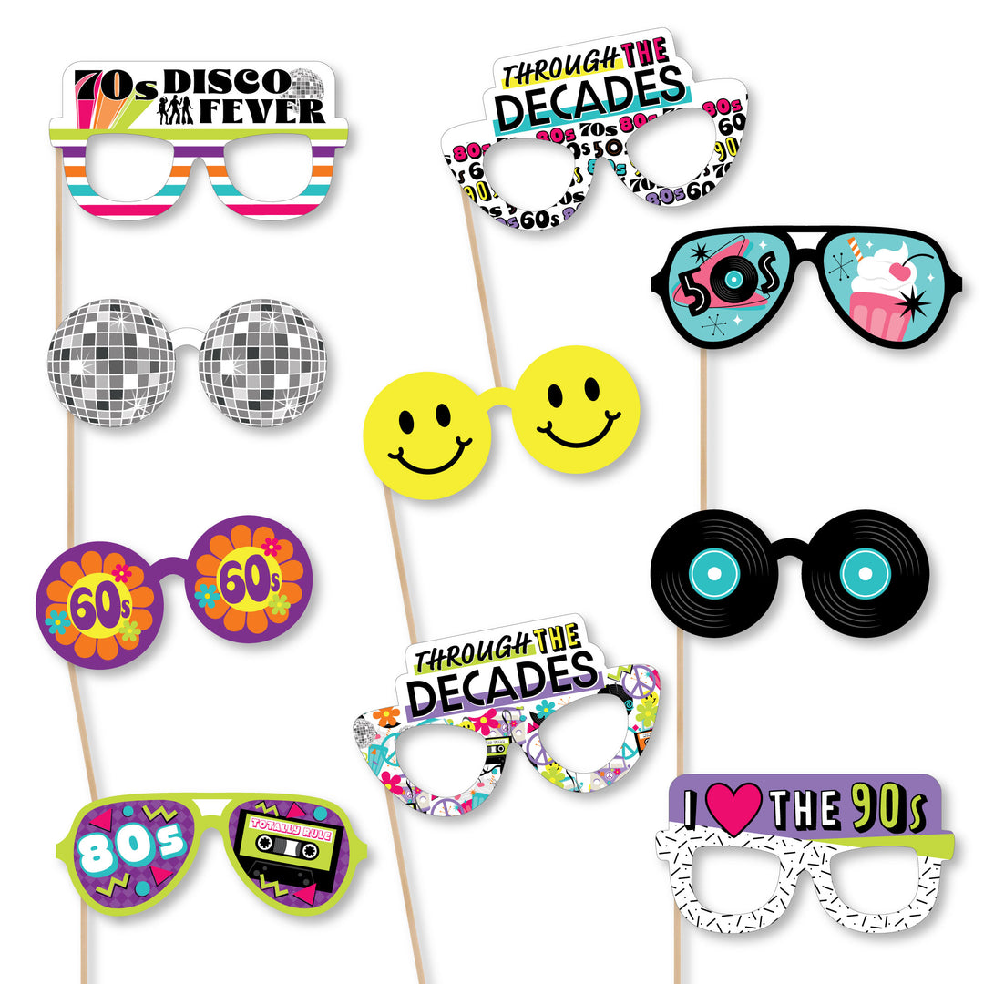 Through the Decades Glasses - Paper Card Stock 50s, 60s, 70s, 80s, and 90s Party Photo Booth Props Kit - 10 Count