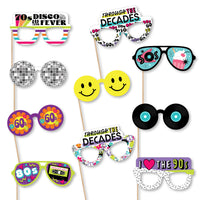 Through the Decades Glasses - Paper Card Stock 50s, 60s, 70s, 80s, and 90s Party Photo Booth Props Kit - 10 Count