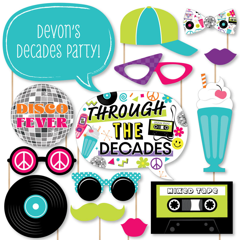 Through the Decades - Personalized 50s, 60s, 70s, 80s, and 90s Party Photo Booth Props Kit - 20 Count