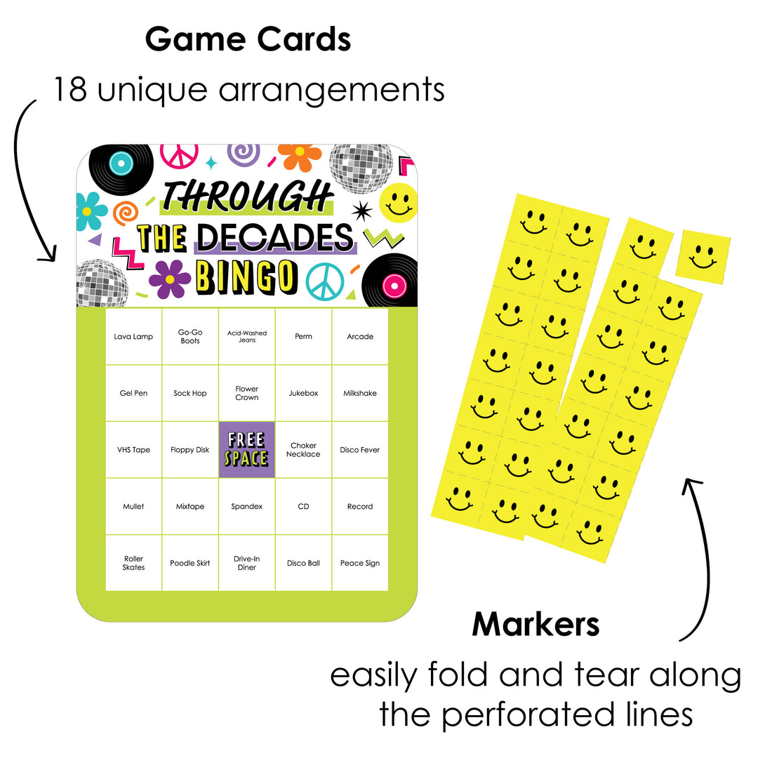 Through the Decades - Bingo Cards and Markers - 50s, 60s, 70s, 80s, and 90s Party Bingo Game - Set of 18