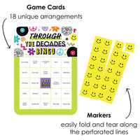 Through the Decades - Bingo Cards and Markers - 50s, 60s, 70s, 80s, and 90s Party Bingo Game - Set of 18