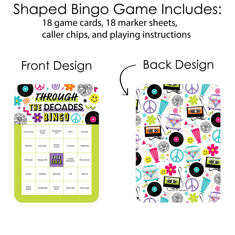 Through the Decades - Bingo Cards and Markers - 50s, 60s, 70s, 80s, and 90s Party Bingo Game - Set of 18