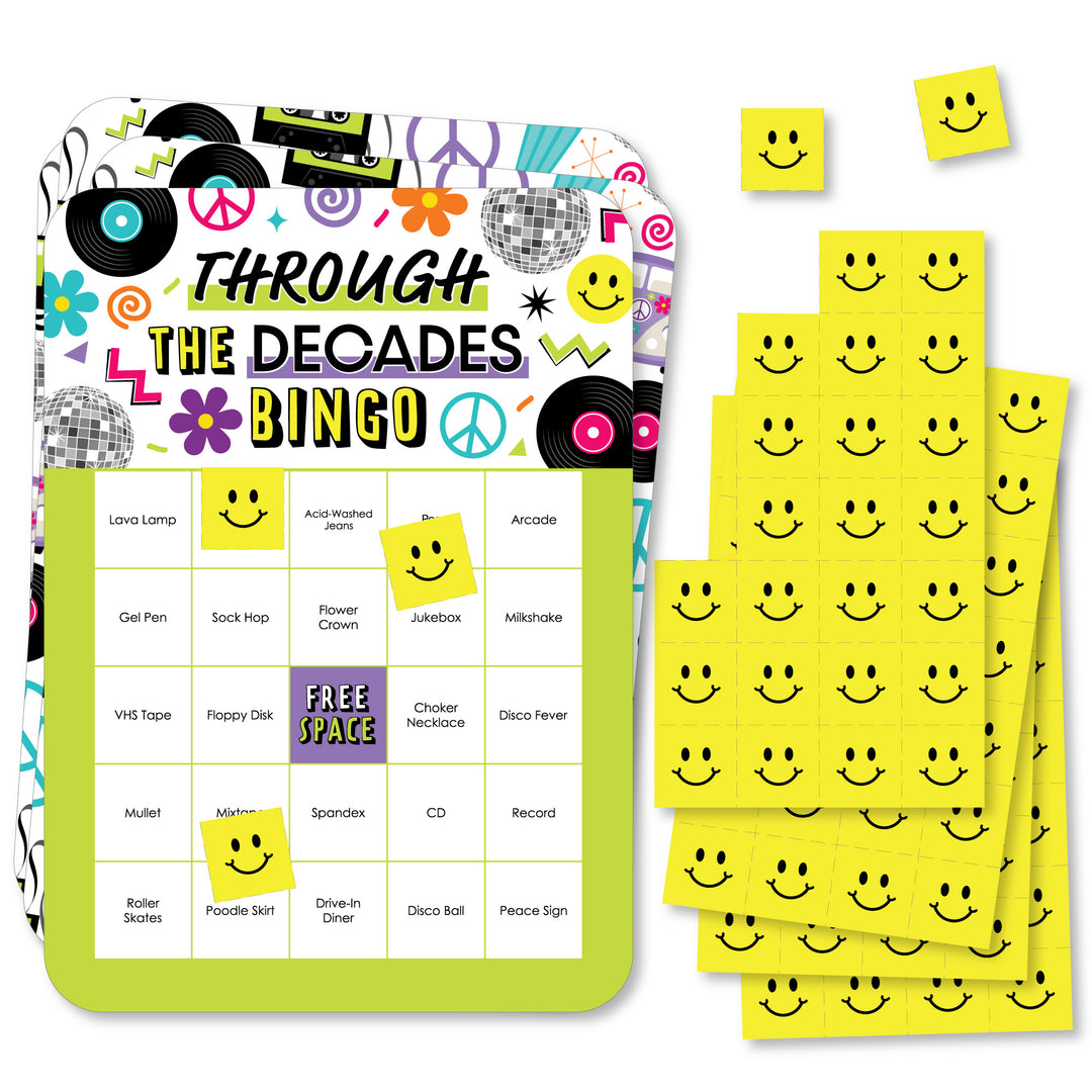 A set of 'Through the Decades Bingo' game cards and markers. The cards have decade-themed words and the markers are yellow with a smiley face design.