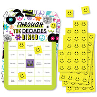 A set of 'Through the Decades Bingo' game cards and markers. The cards have decade-themed words and the markers are yellow with a smiley face design.