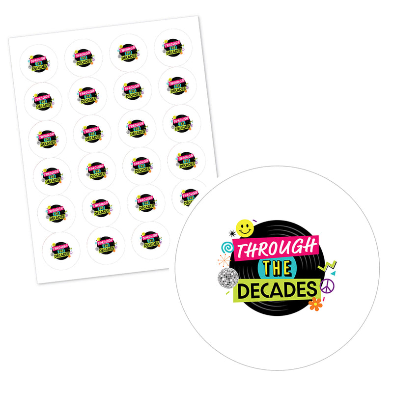 Personalized Through the Decades - Custom 50s, 60s, 70s, 80s, and 90s Party Favor Circle Sticker Labels - Custom Text - 24 Count