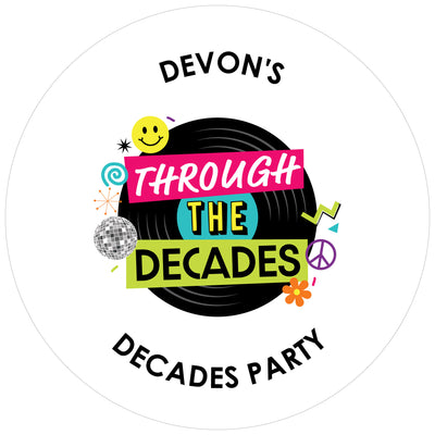 Personalized Through the Decades - Custom 50s, 60s, 70s, 80s, and 90s Party Favor Circle Sticker Labels - Custom Text - 24 Count