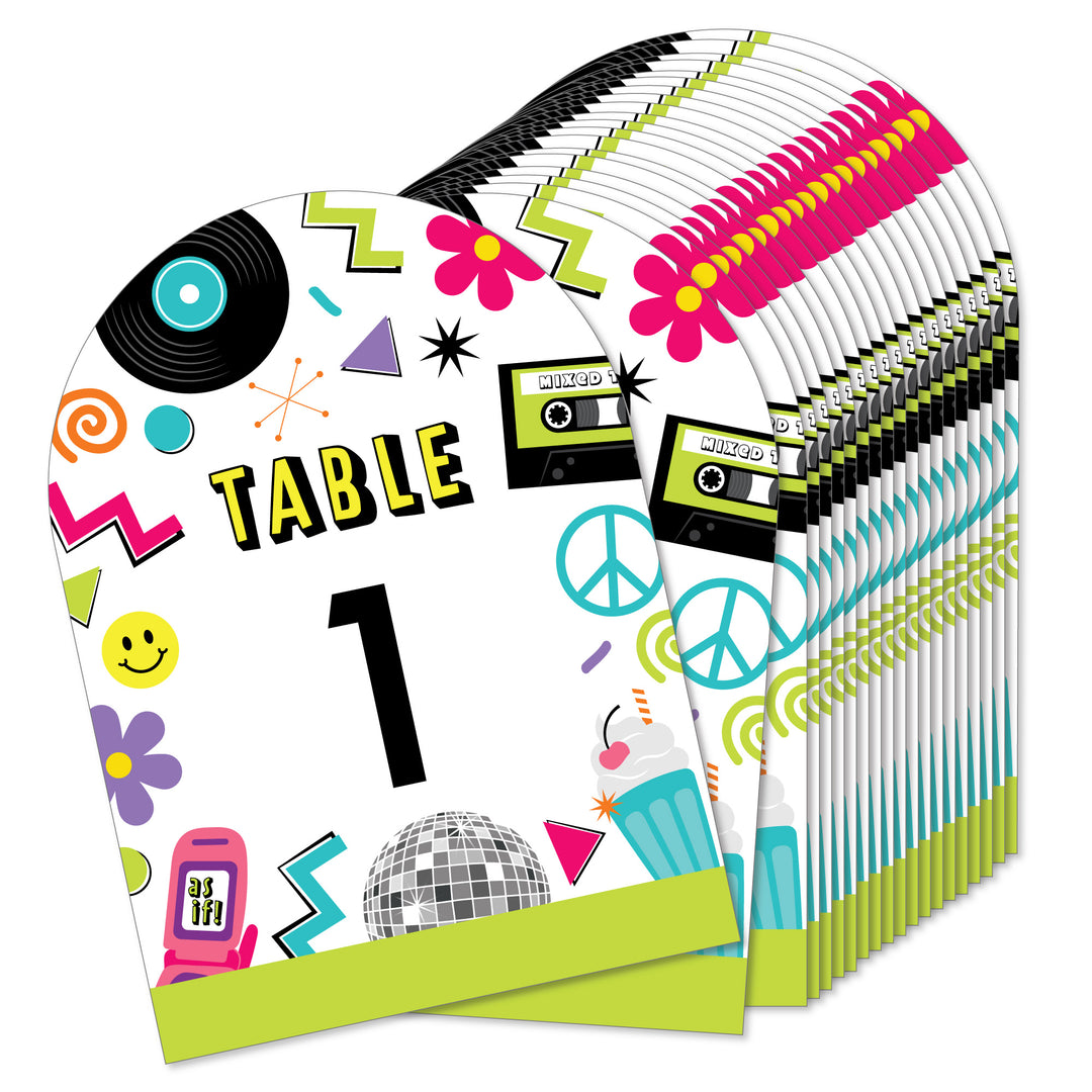 A stack of double-sided, colorful table numbers for parties, featuring decades-themed graphics like records, cassette tapes, and retro furniture.