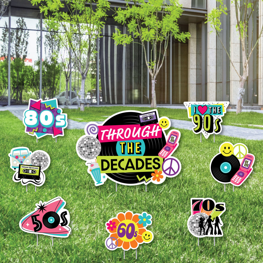 Through the Decades - Yard Sign and Outdoor Lawn Decorations - 50s, 60s, 70s, 80s, and 90s Party Yard Signs - Set of 8