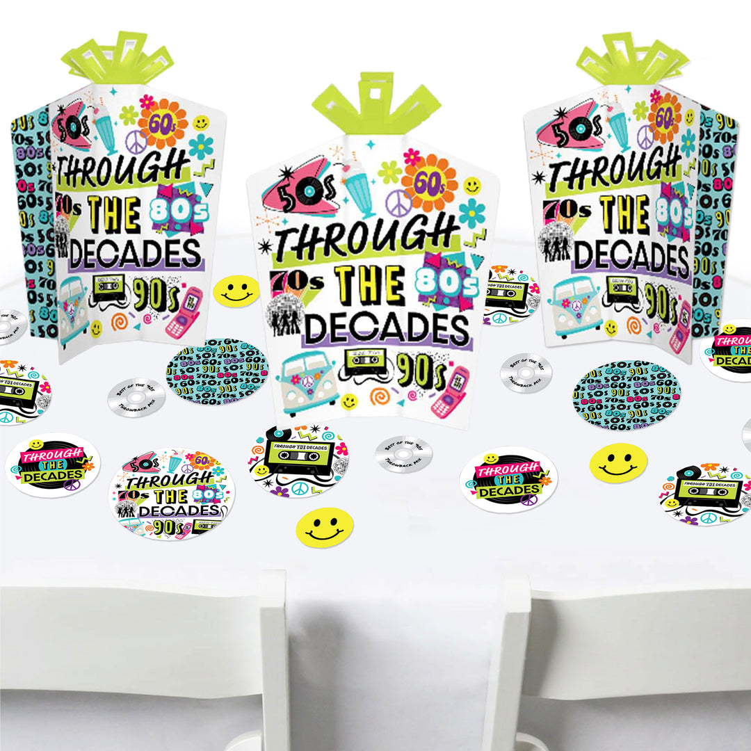 A party centerpiece kit with fold and flare decorations and confetti themed 'Through the Decades' with colorful graphics including smiley faces and text.