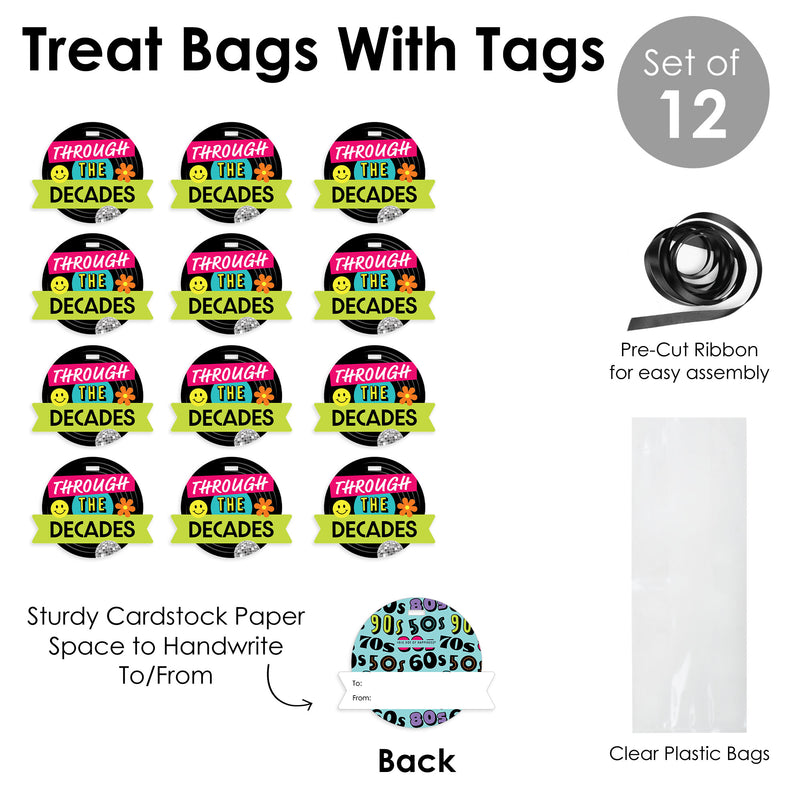 Through the Decades - 50s, 60s, 70s, 80s, and 90s Party Clear Goodie Favor Bags - Treat Bags With Tags - Set of 12