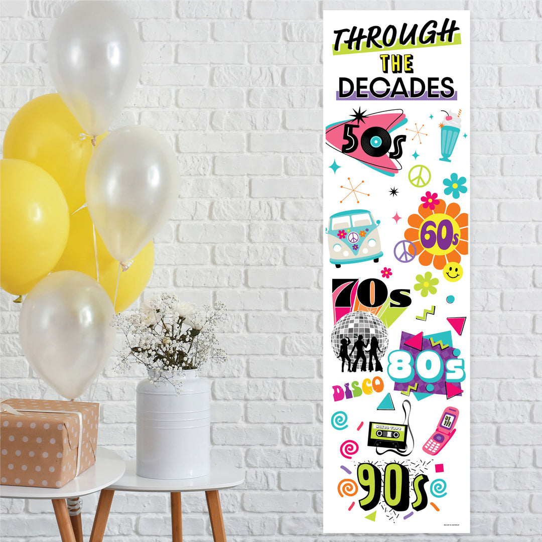 A vertical banner with 'Through the Decades' text, featuring colorful decade-themed icons and numbers, displayed alongside balloons and a gift box.