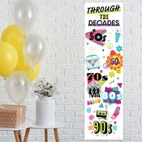 A vertical banner with 'Through the Decades' text, featuring colorful decade-themed icons and numbers, displayed alongside balloons and a gift box.