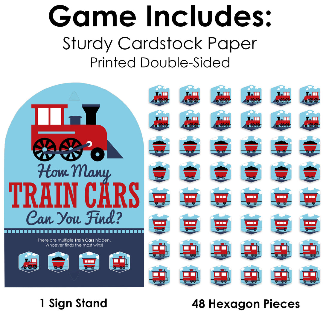 Railroad Party Crossing - Steam Train Birthday Party or Baby Shower Scavenger Hunt - 1 Stand and 48 Game Pieces - Hide and Find Game